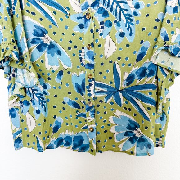 Anthropologie Floral Print Button Down Blouse Green Blue Size S Boho Resort - Picture 3 of 7